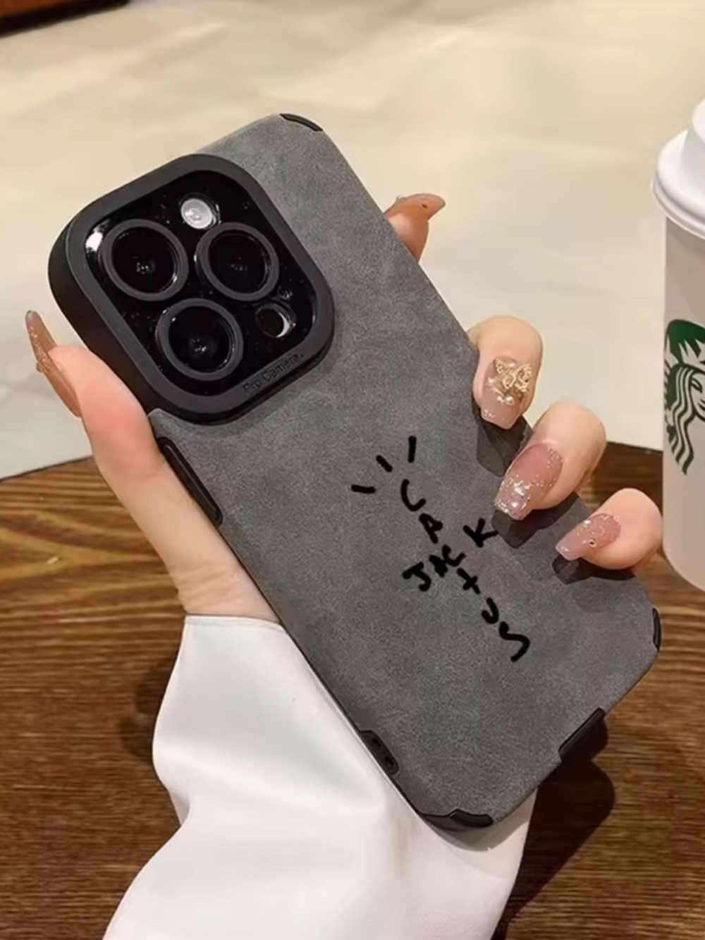 Gray Suede Phone Case with Handwritten Design
